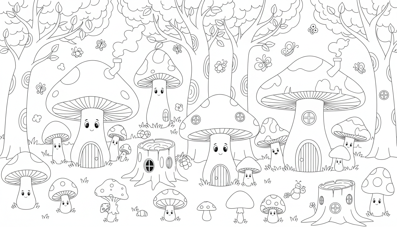 Whimsical forest with fairy houses and mushrooms coloring page to print
