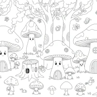 Whimsical forest with fairy houses and mushrooms