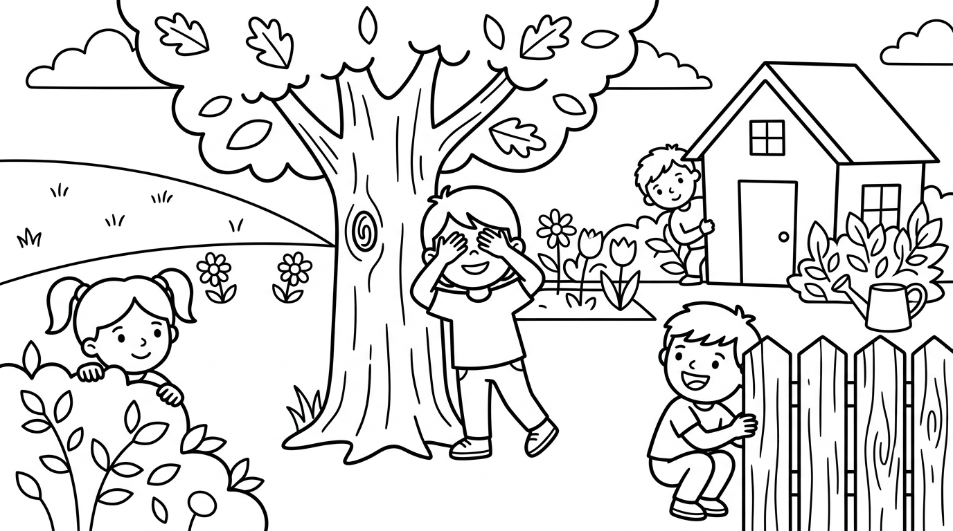 A lively scene of children playing hide-and-seek in a backyard. coloring page to print