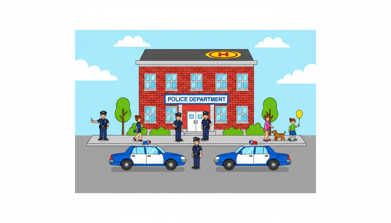 Busy police station with officers and vehicles coloring page to print