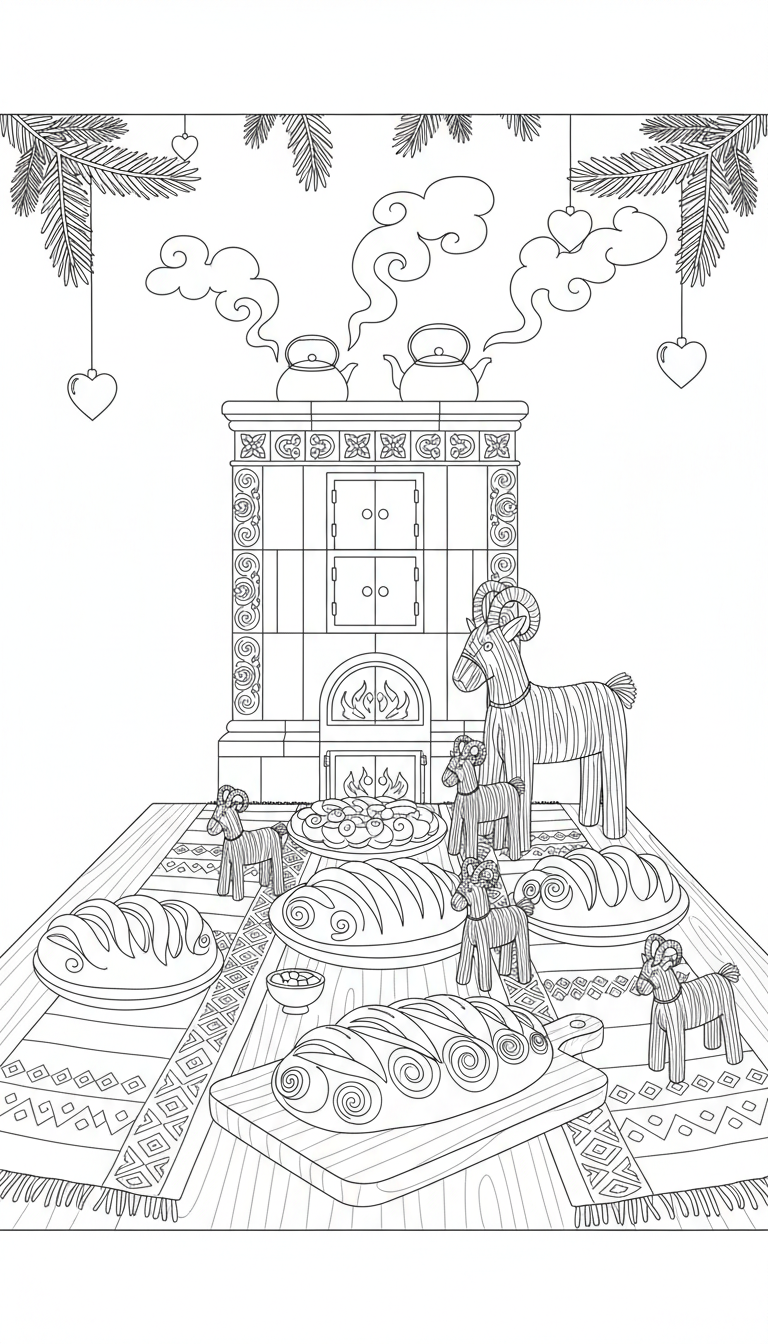 scandinavian julbord table scene coloring page to print