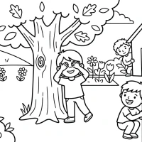 A lively scene of children playing hide-and-seek in a backyard.