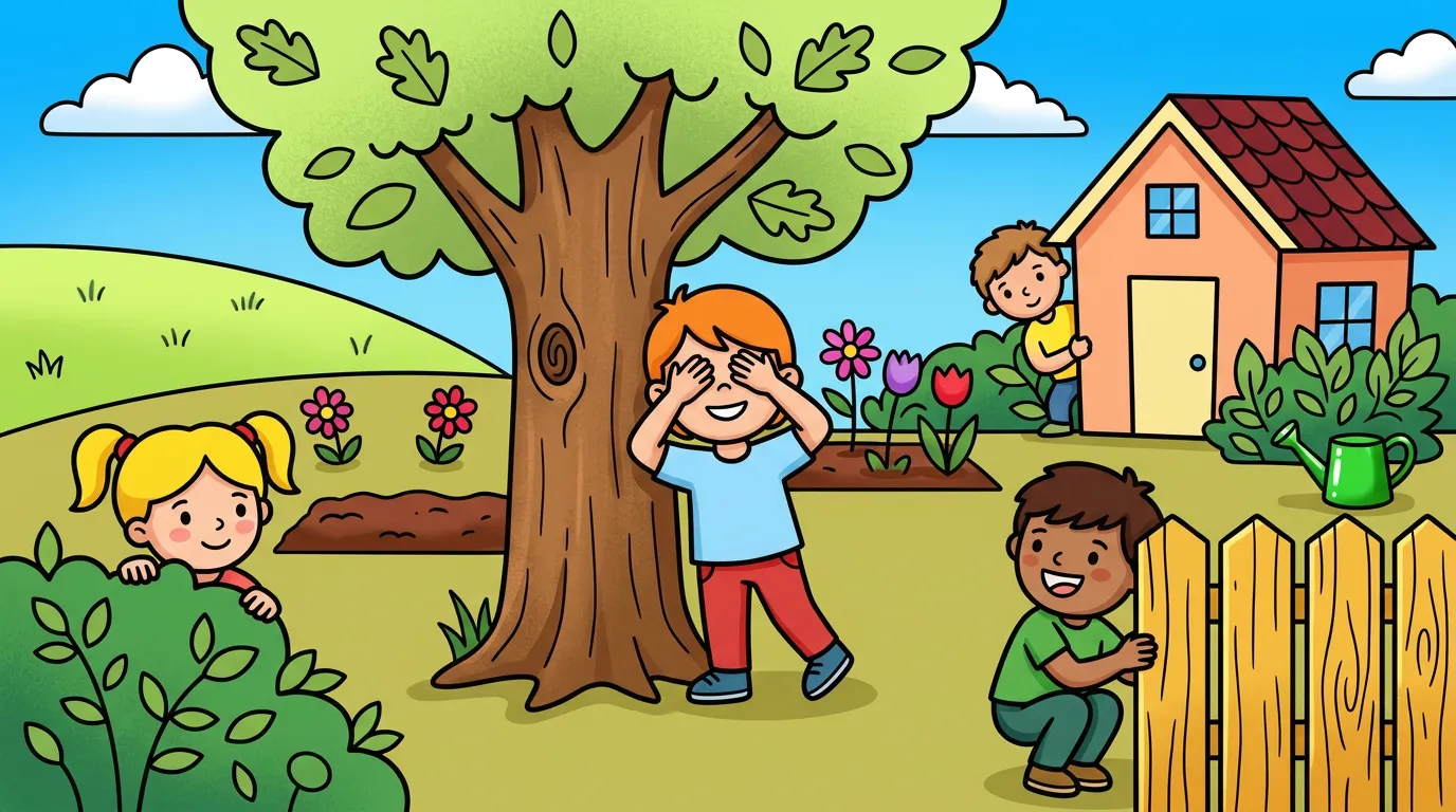 A lively scene of children playing hide-and-seek in a backyard. coloring page to print