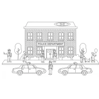 Busy police station with officers and vehicles
