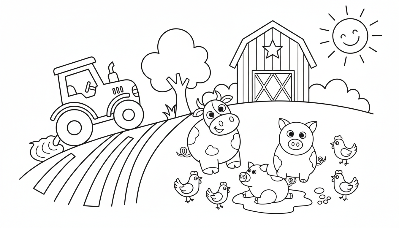 lively farm scene with tractor and animals coloring page to print