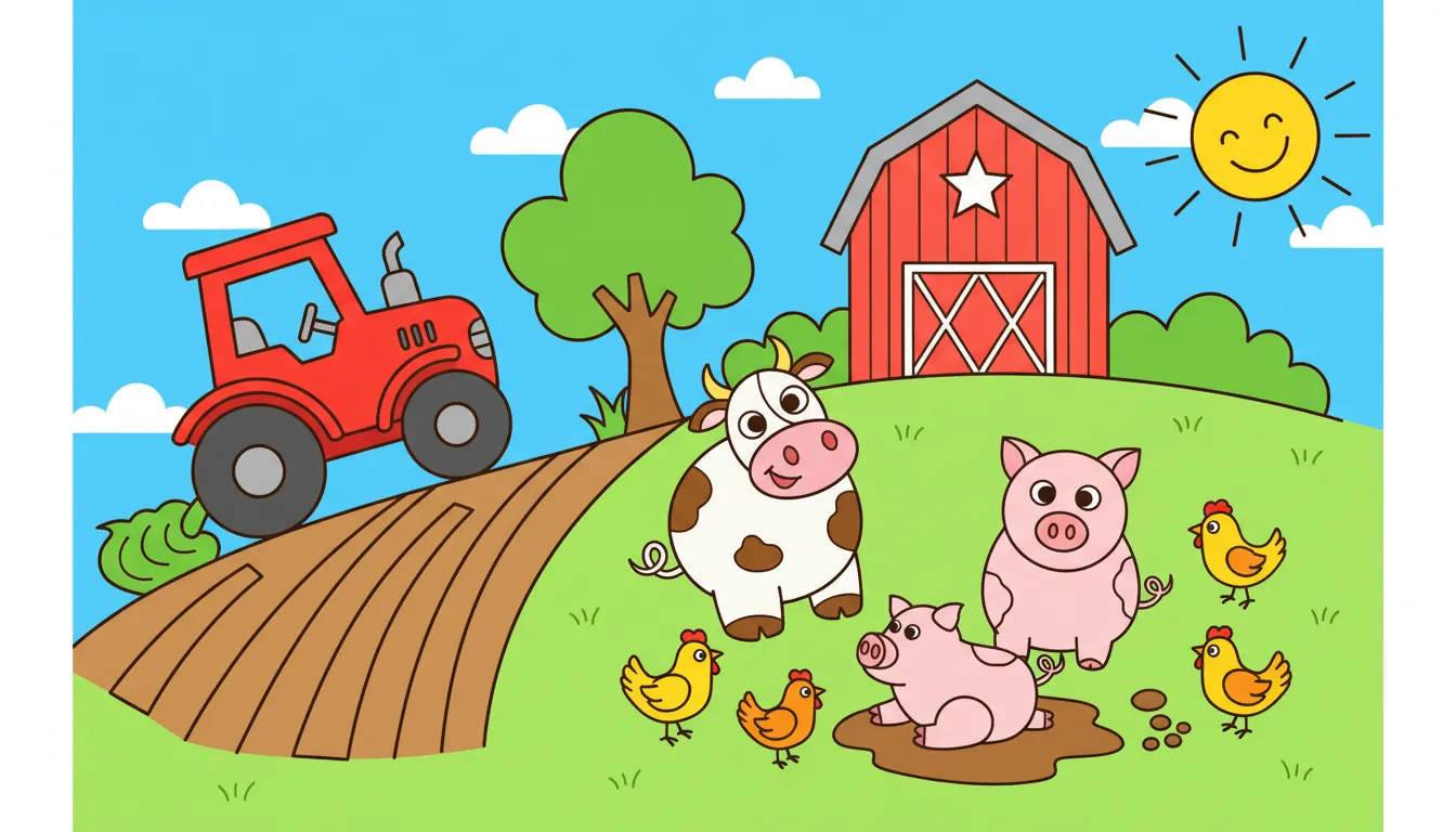 lively farm scene with tractor and animals coloring page to print