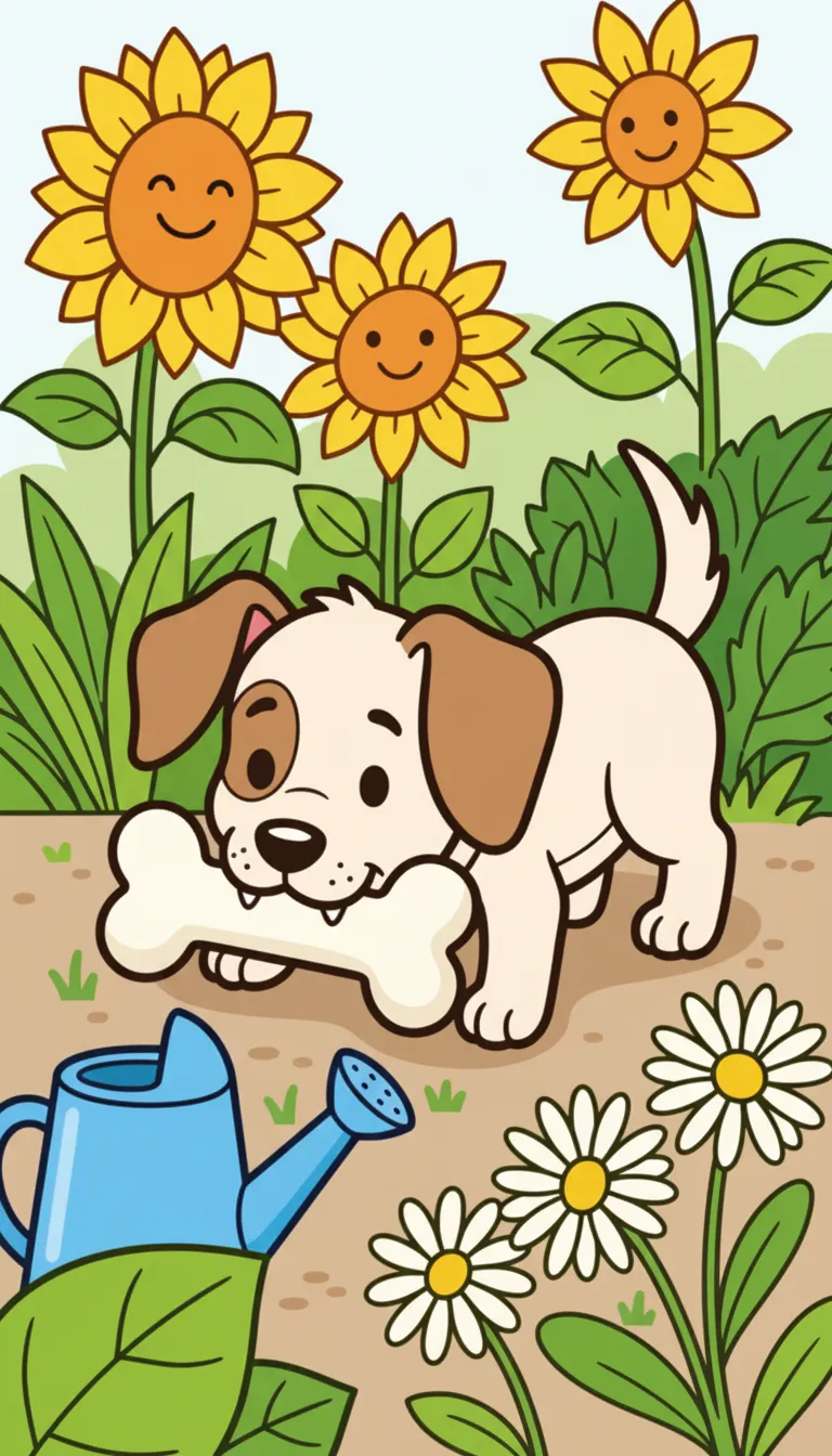 A cute puppy chewing on its favorite toy in a sunny garden. coloring page to print