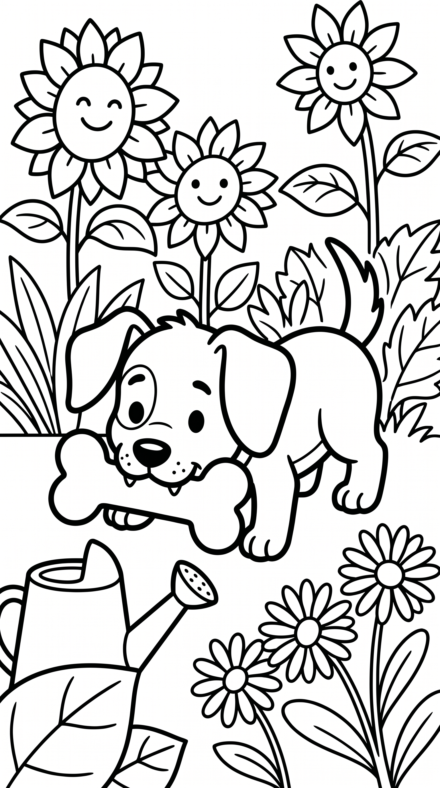 A cute puppy chewing on its favorite toy in a sunny garden. coloring page to print