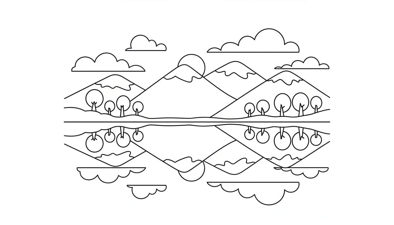 peaceful mountain lake reflecting sky coloring page to print