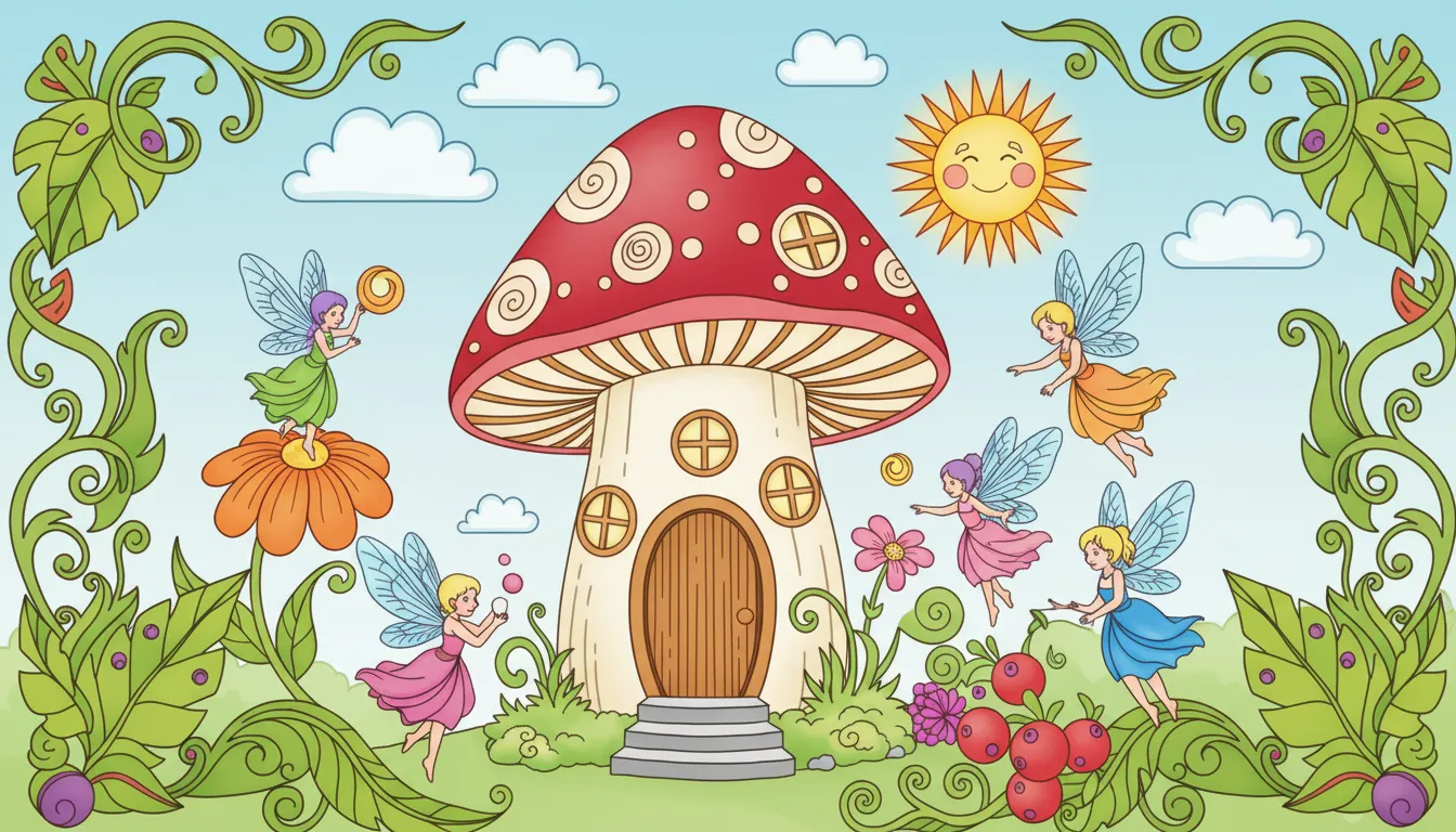 Whimsical giant mushroom house and fairies coloring page to print