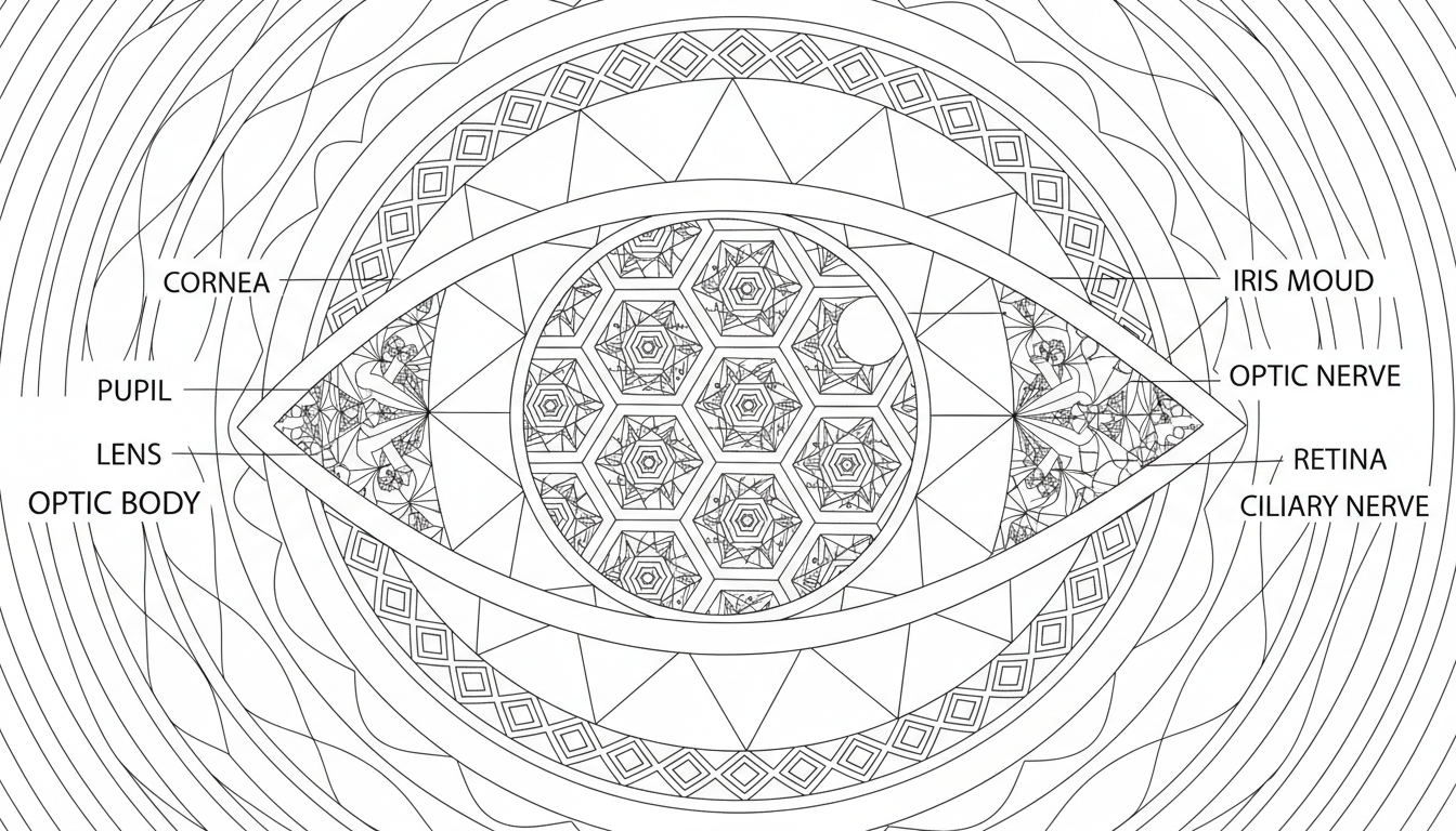 Detailed diagram of human eye with labeled parts coloring page to print