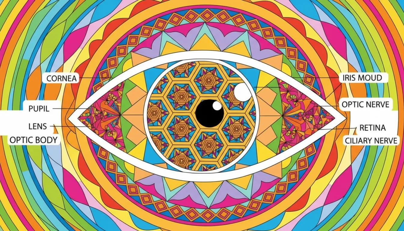Detailed diagram of human eye with labeled parts coloring page to print
