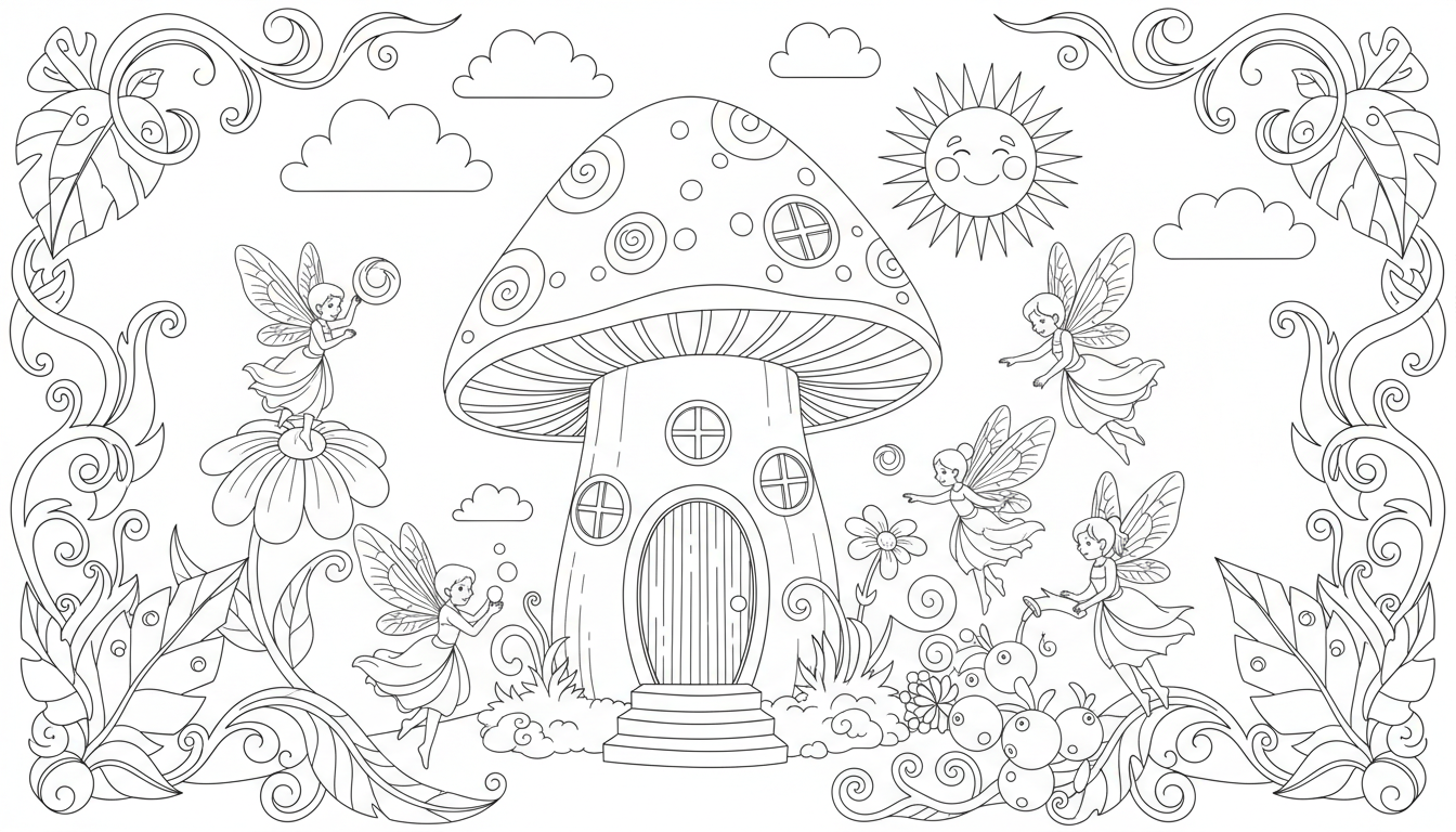 Whimsical giant mushroom house and fairies coloring page to print