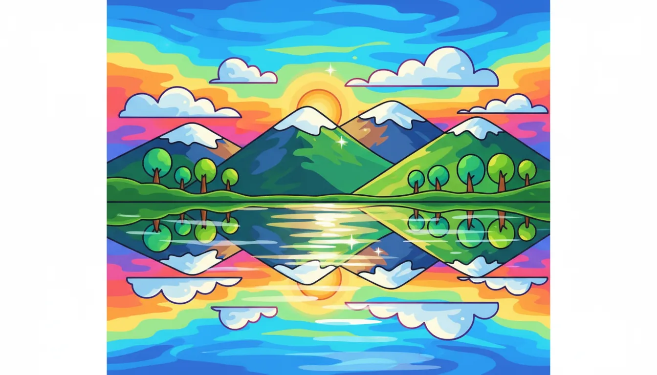 peaceful mountain lake reflecting sky coloring page to print
