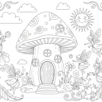 Whimsical giant mushroom house and fairies