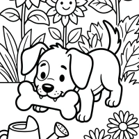 A cute puppy chewing on its favorite toy in a sunny garden.
