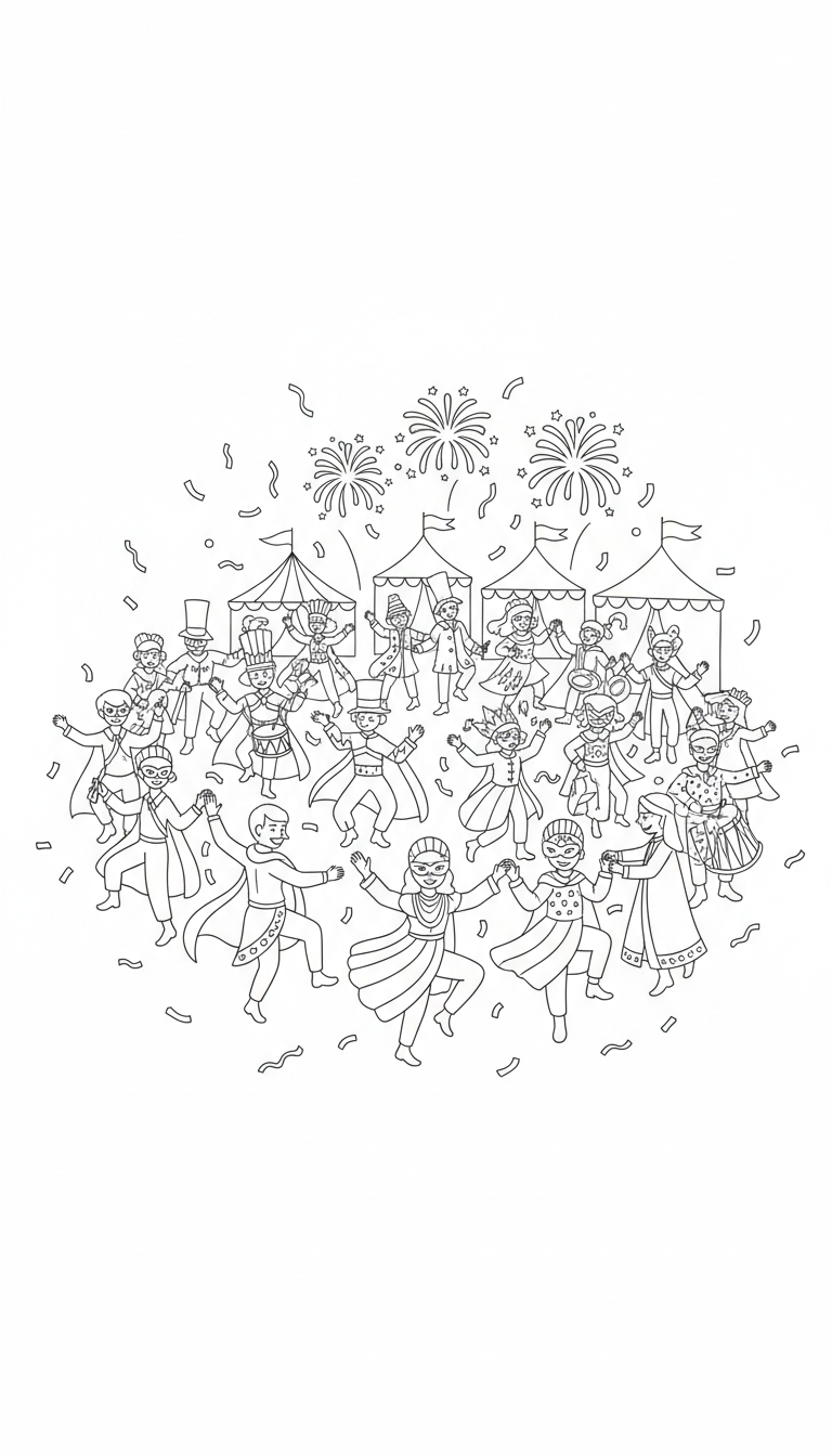 Lively dance scene at a festival with colorful costumes coloring page to print