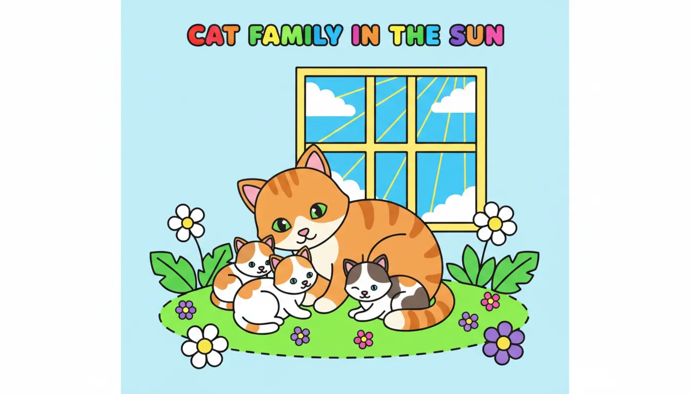 Mother cat grooming her kittens in the sun coloring page to print