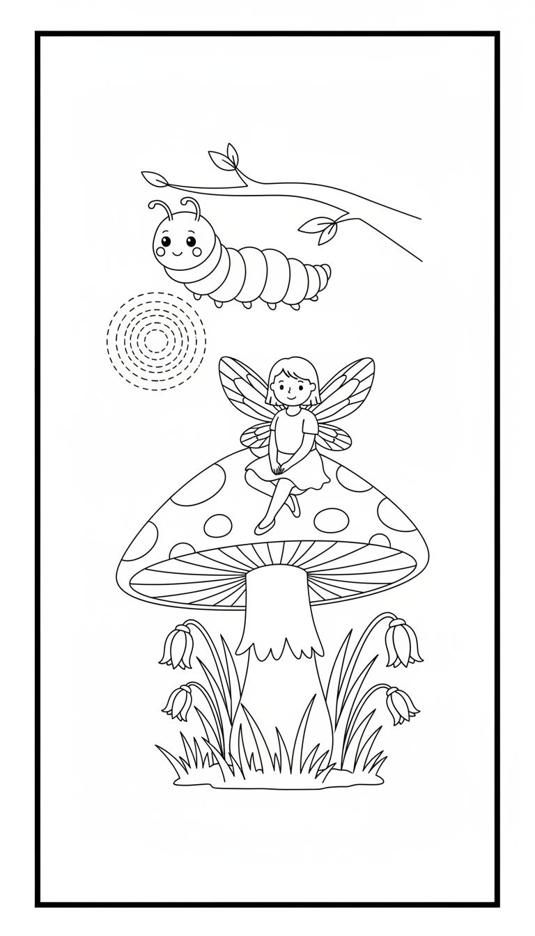 magical tiny fairy on toadstool under glow worm light coloring page to print