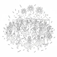 Lively dance scene at a festival with colorful costumes