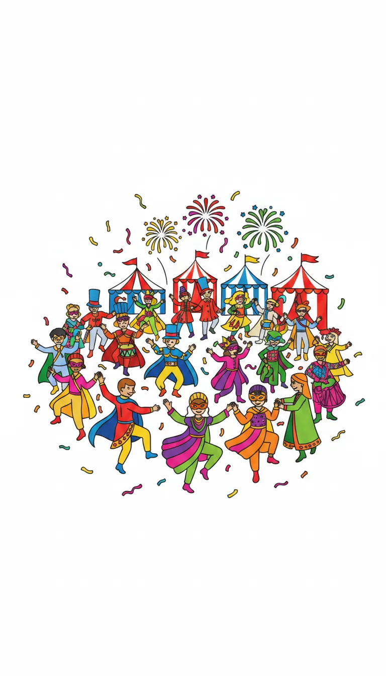 Lively dance scene at a festival with colorful costumes coloring page to print