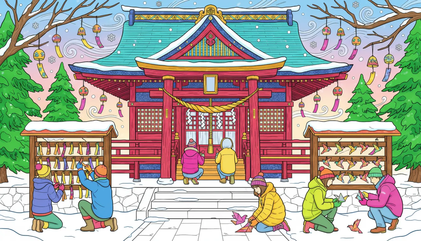 Christmas mountain shrine with wind chimes coloring page to print