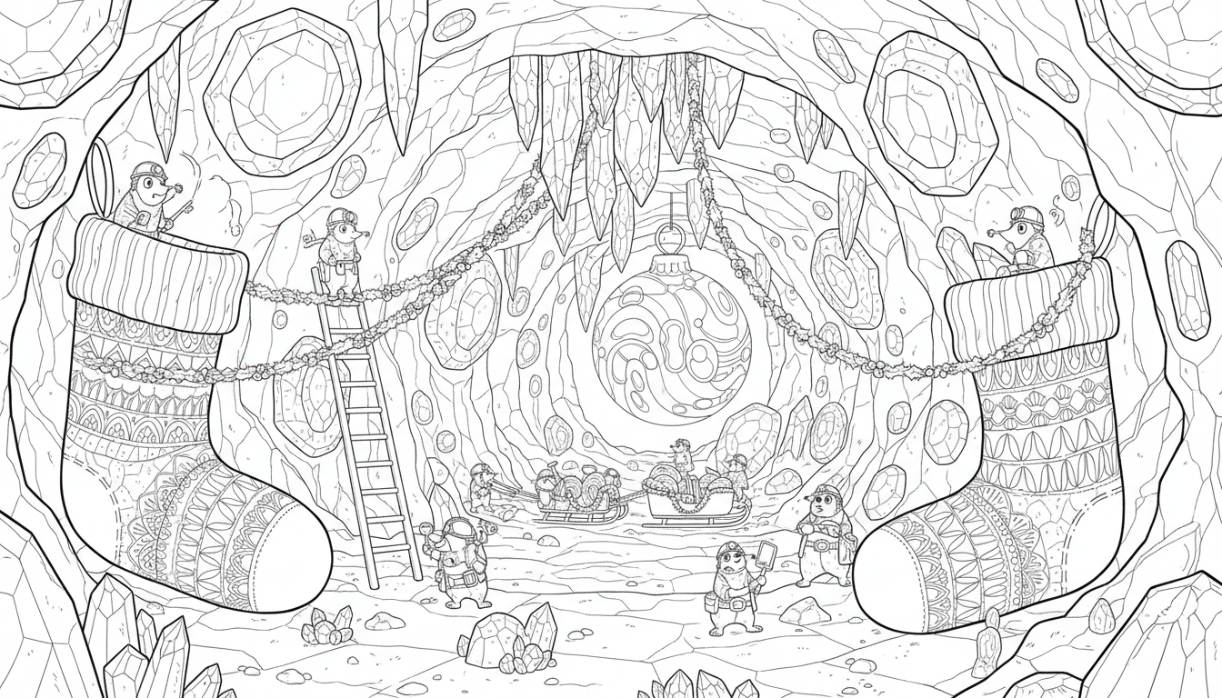 Christmas grotto with mole tunnel and geodes coloring page to print
