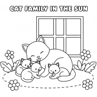 Mother cat grooming her kittens in the sun