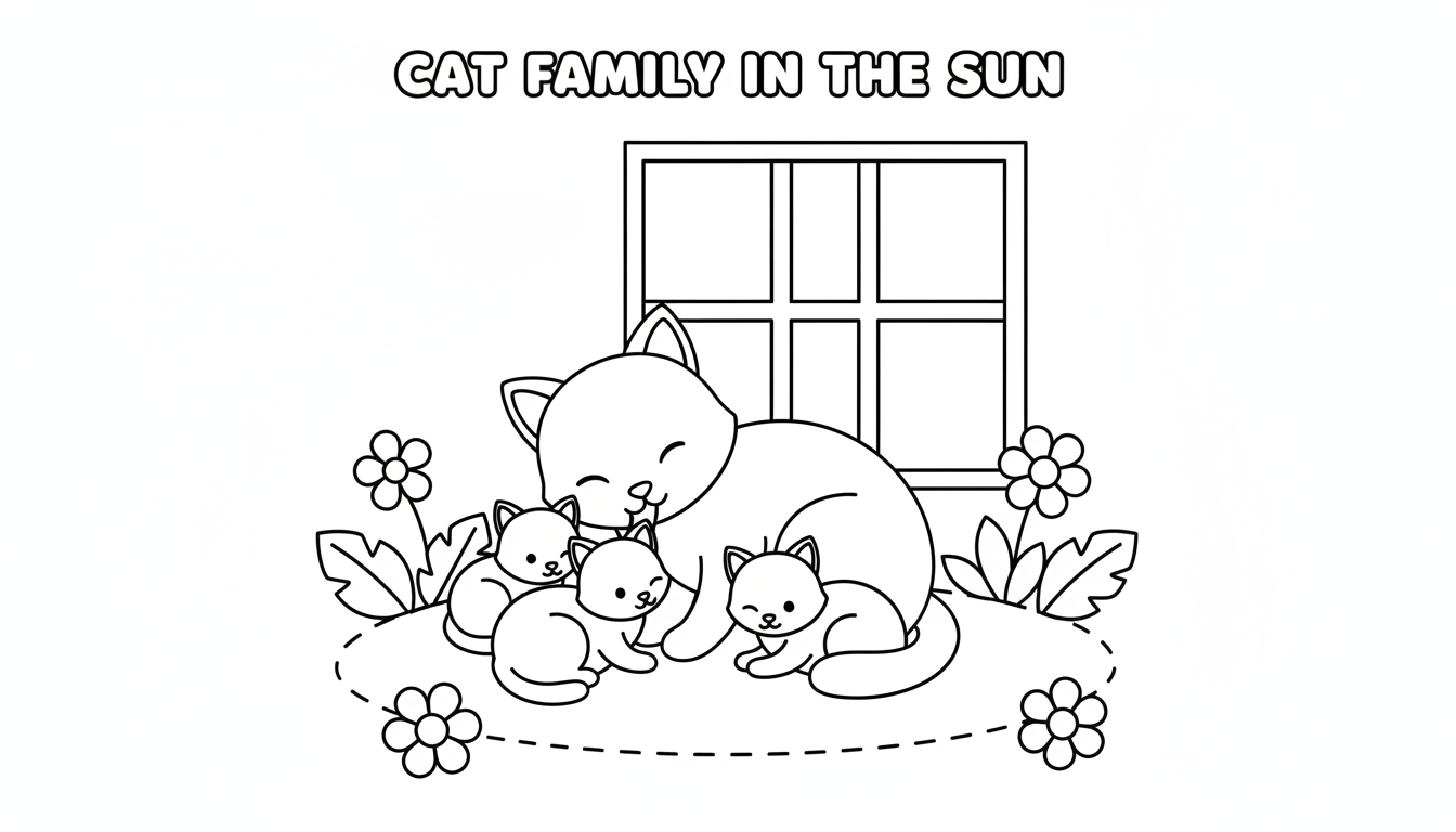 Mother cat grooming her kittens in the sun coloring page to print