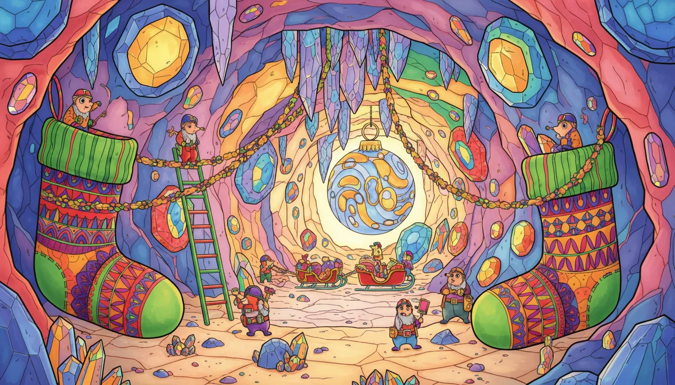 Christmas grotto with mole tunnel and geodes coloring page to print