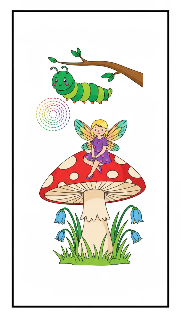 magical tiny fairy on toadstool under glow worm light coloring page to print