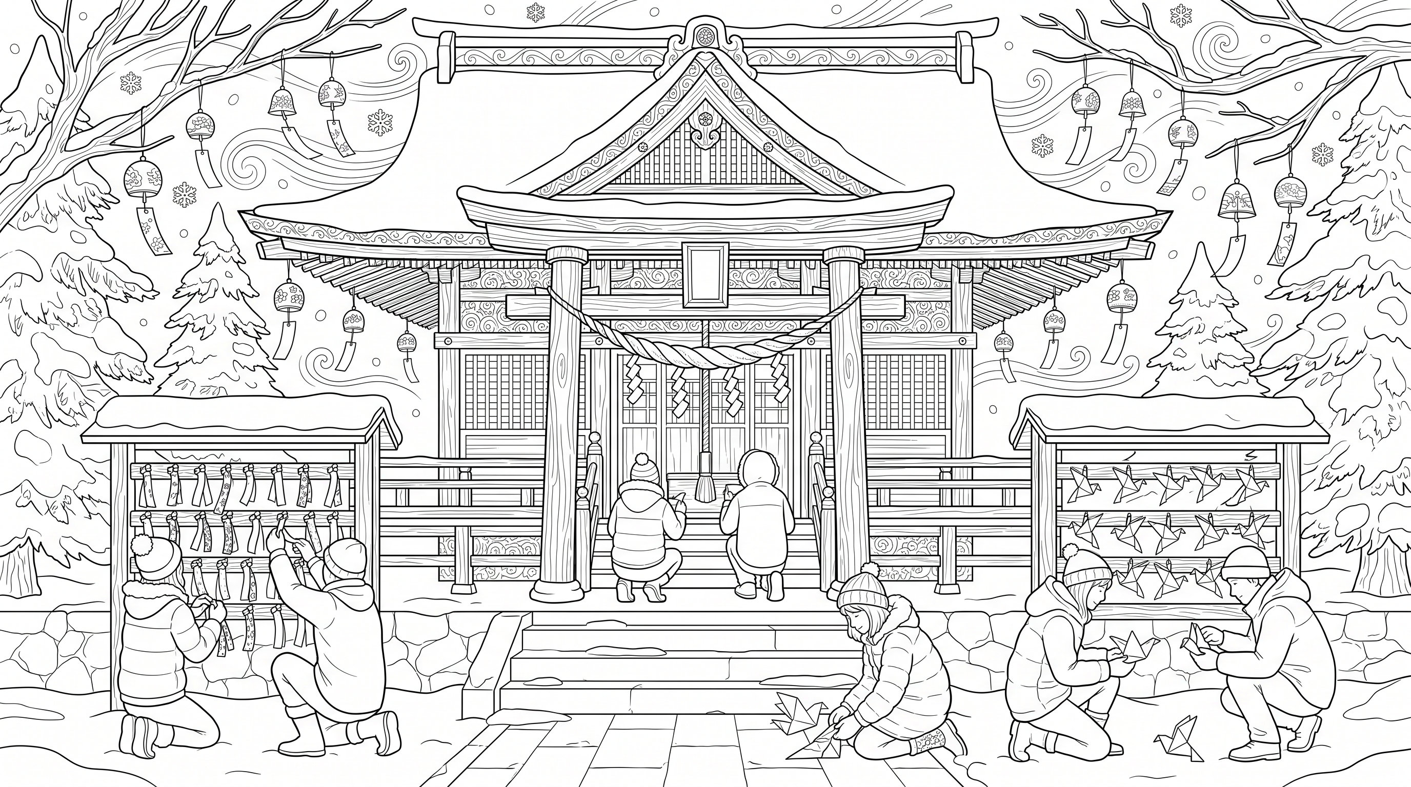 Christmas mountain shrine with wind chimes coloring page to print