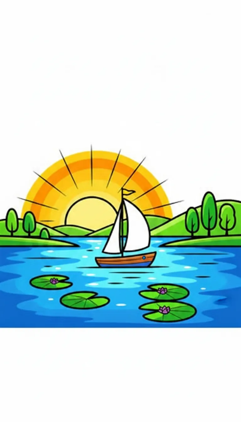 Serene boat sailing across calm lake at sunset coloring page to print