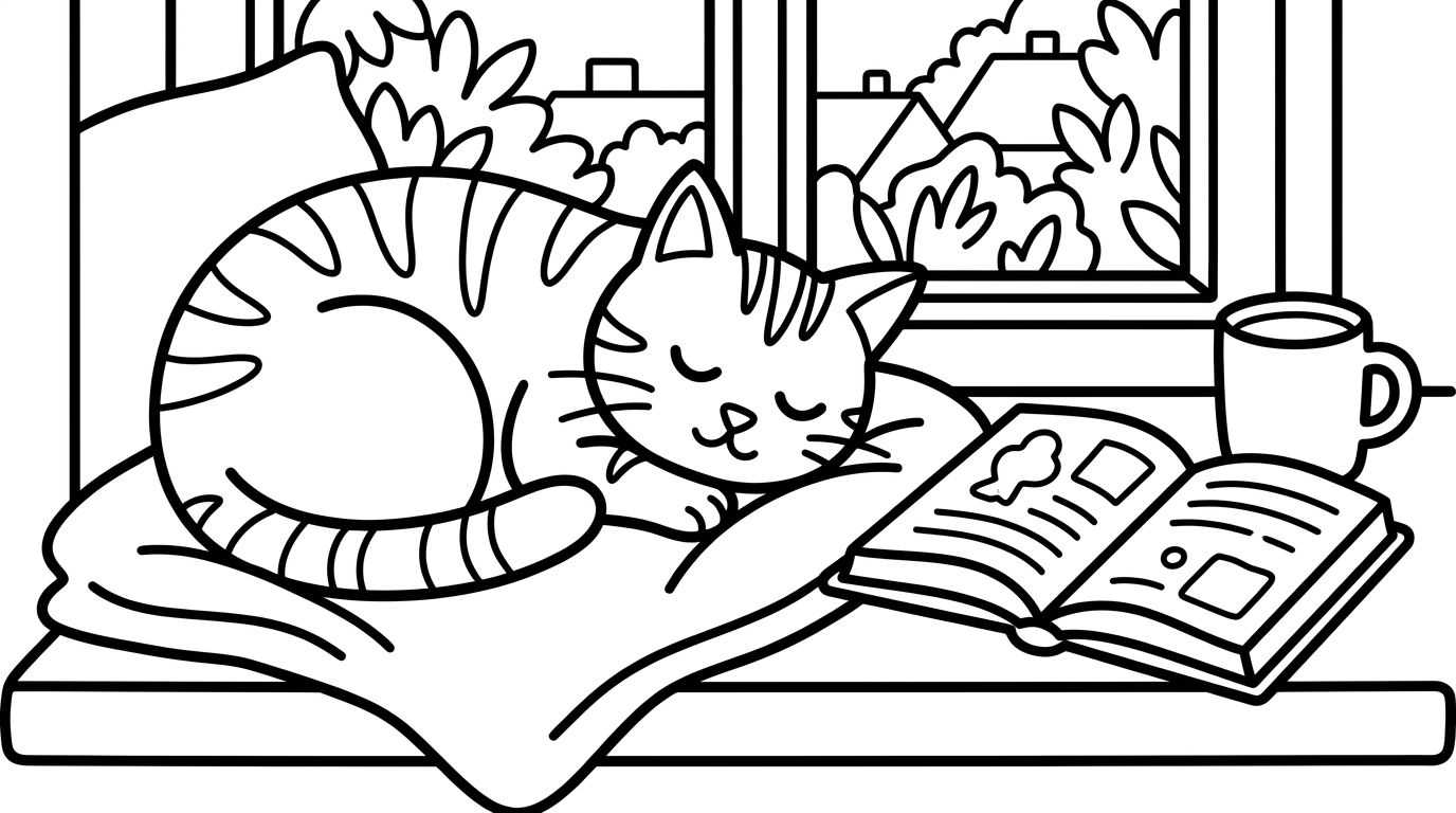 A cozy scene featuring a cat curled up on a windowsill with a book. coloring page to print