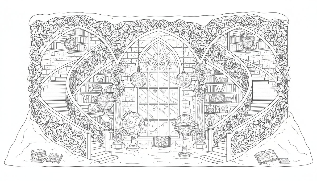 Christmas library under snowy hill coloring page to print