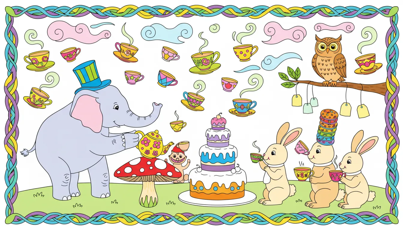whimsical giant tea party with talking animals coloring page to print