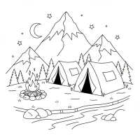 A detailed scene of a mountain campsite with tents and a campfire.
