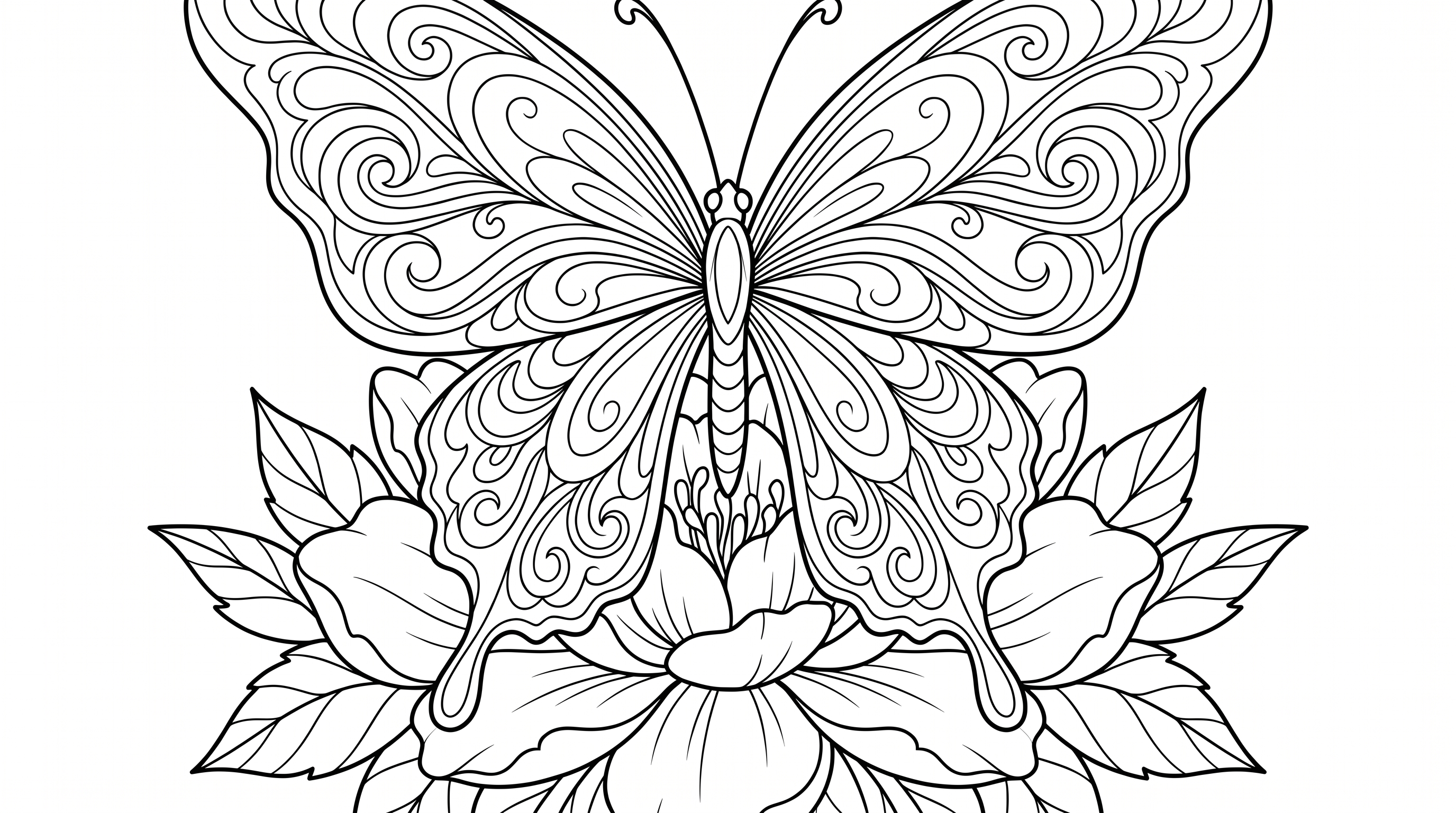 A detailed view of a colorful butterfly sitting on a flower. coloring page to print