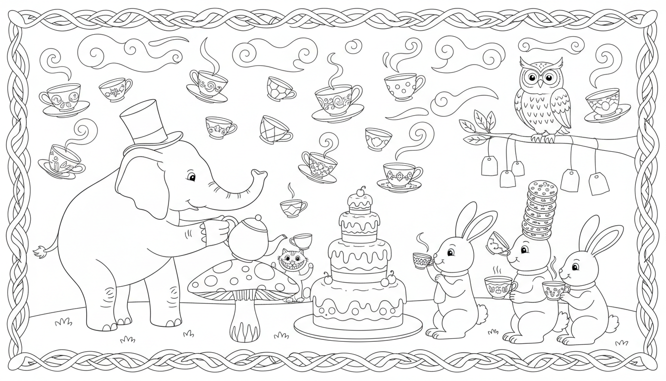 whimsical giant tea party with talking animals coloring page to print