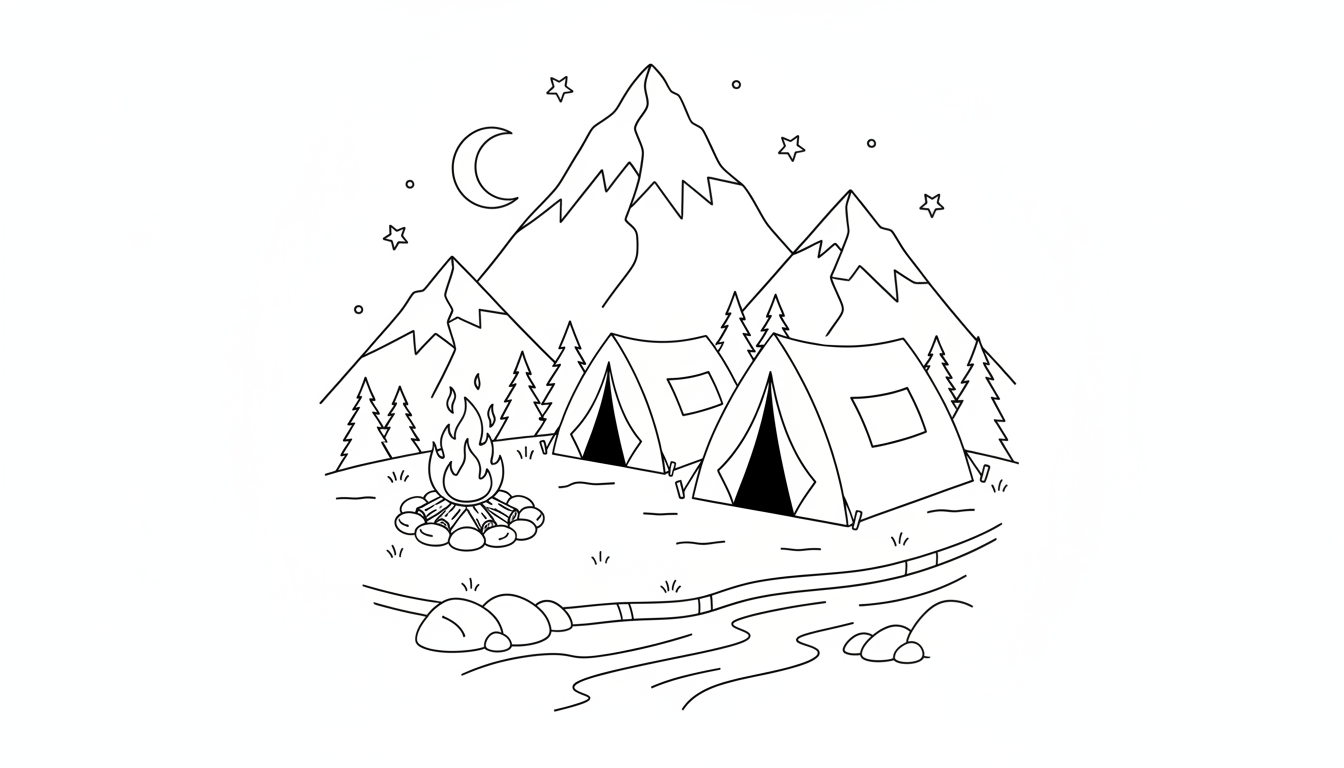 A detailed scene of a mountain campsite with tents and a campfire. coloring page to print