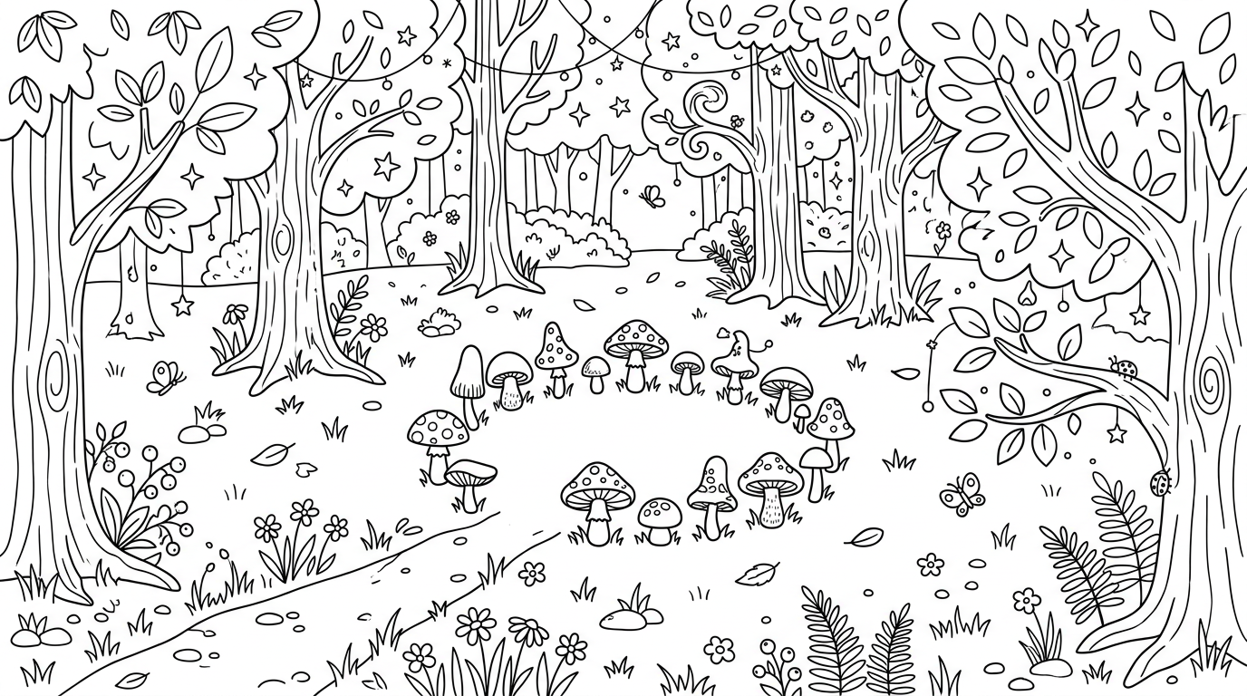 magical forest fairy circle with mushrooms and lights coloring page to print