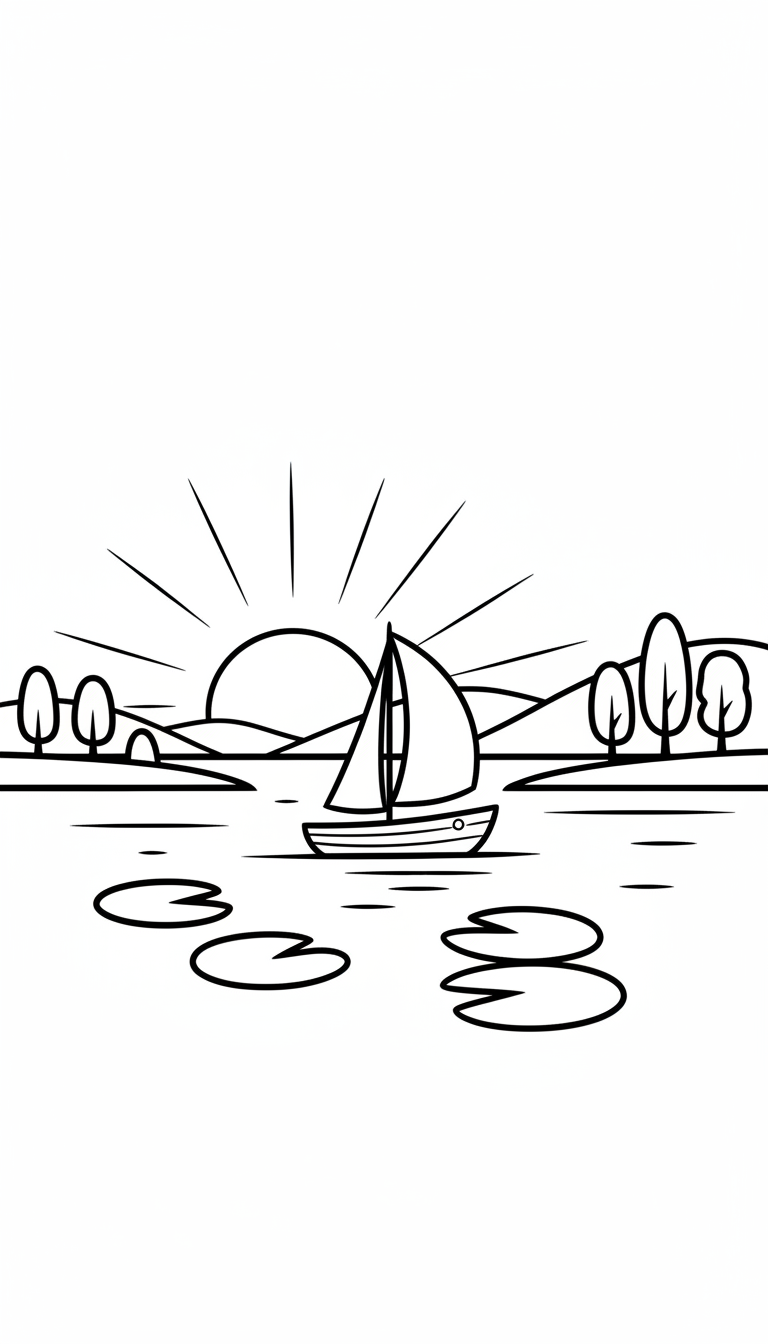 Serene boat sailing across calm lake at sunset coloring page to print