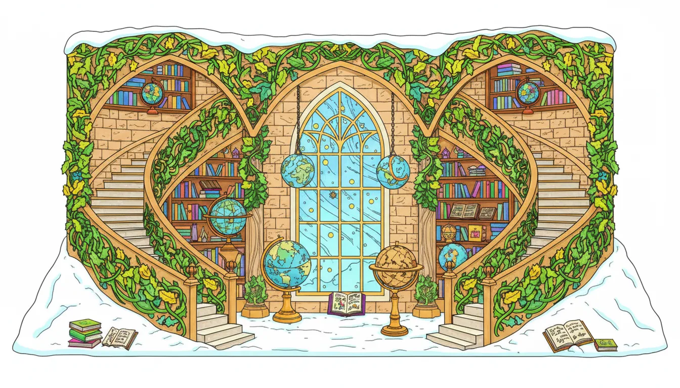 Christmas library under snowy hill coloring page to print