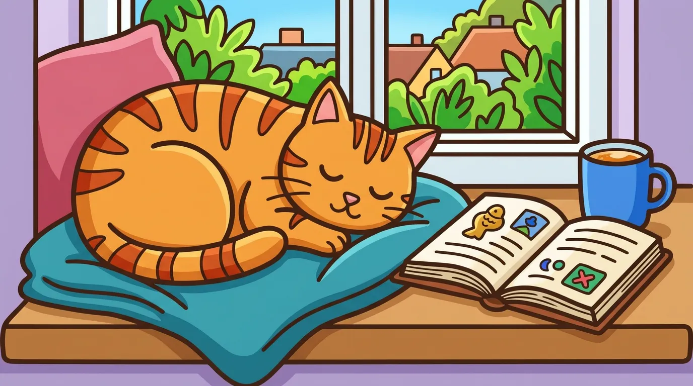 A cozy scene featuring a cat curled up on a windowsill with a book. coloring page to print