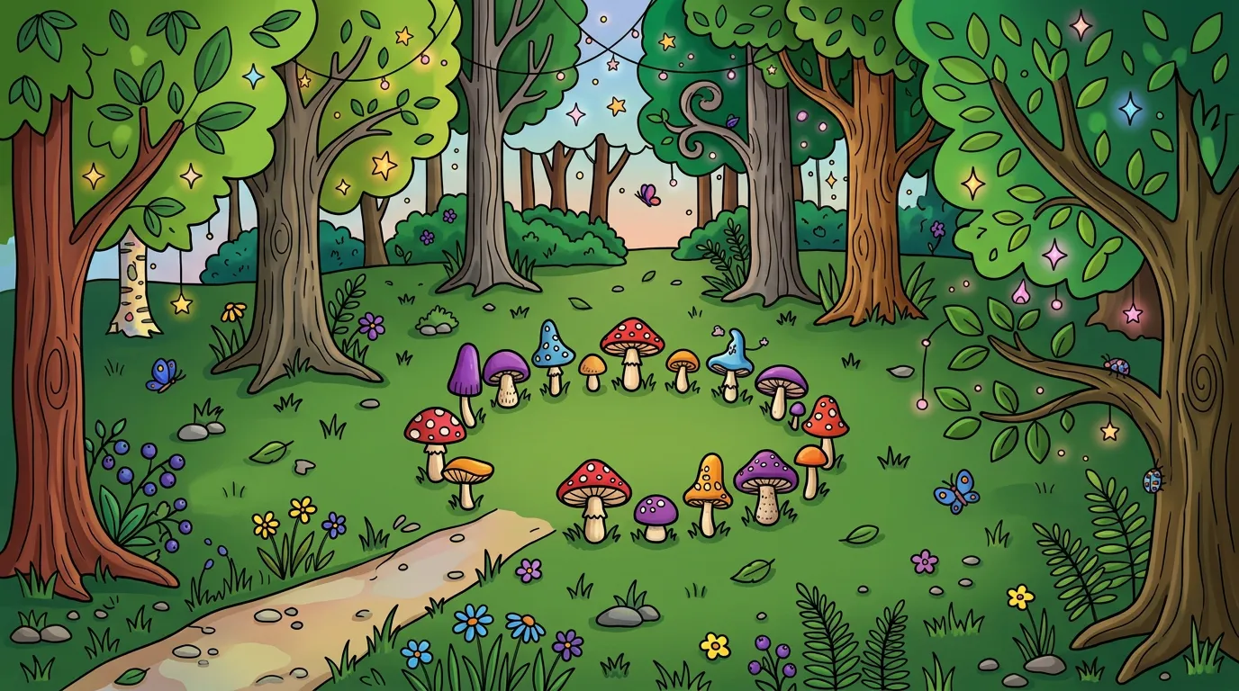 magical forest fairy circle with mushrooms and lights coloring page to print