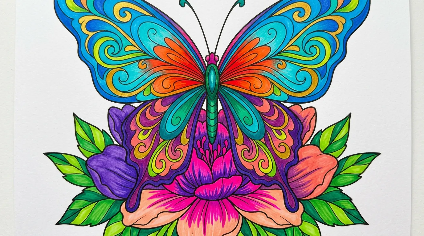 A detailed view of a colorful butterfly sitting on a flower. coloring page to print