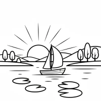 Serene boat sailing across calm lake at sunset