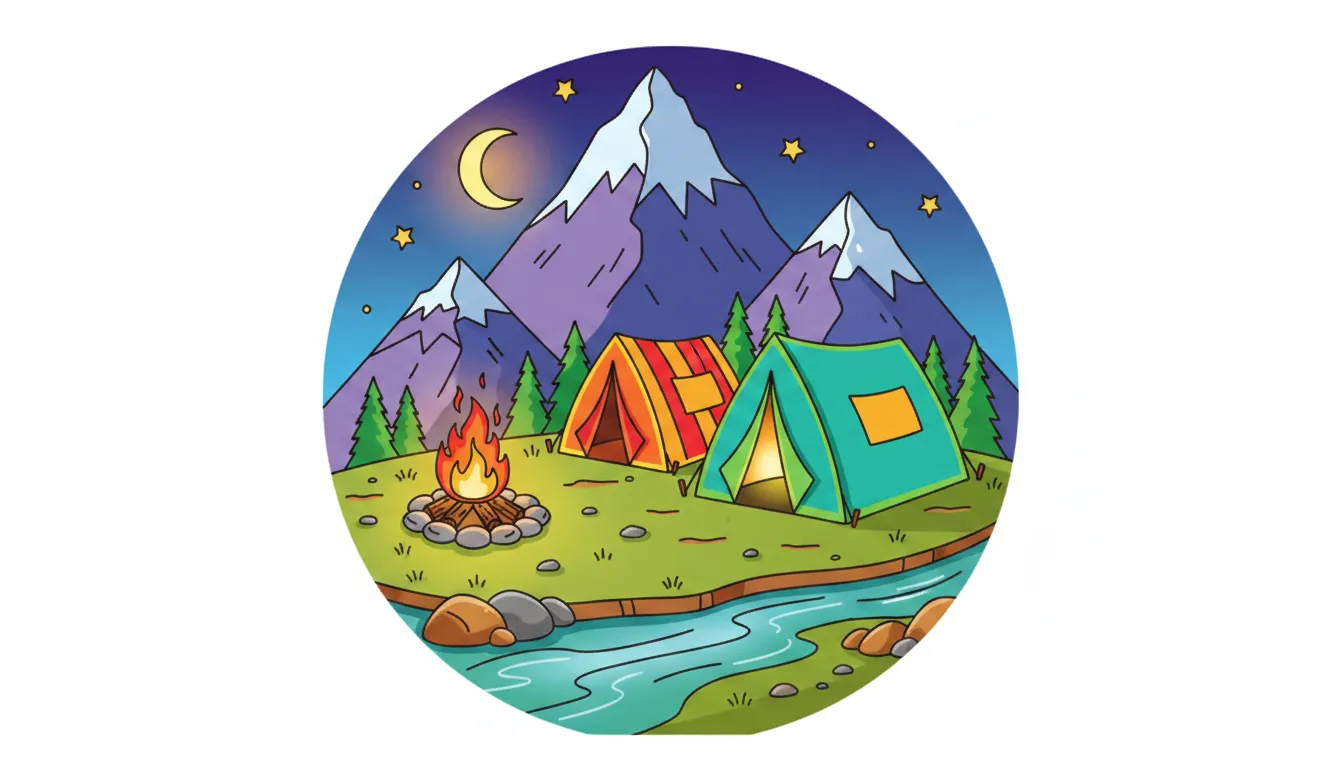 A detailed scene of a mountain campsite with tents and a campfire. coloring page to print