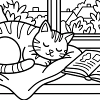 A cozy scene featuring a cat curled up on a windowsill with a book.