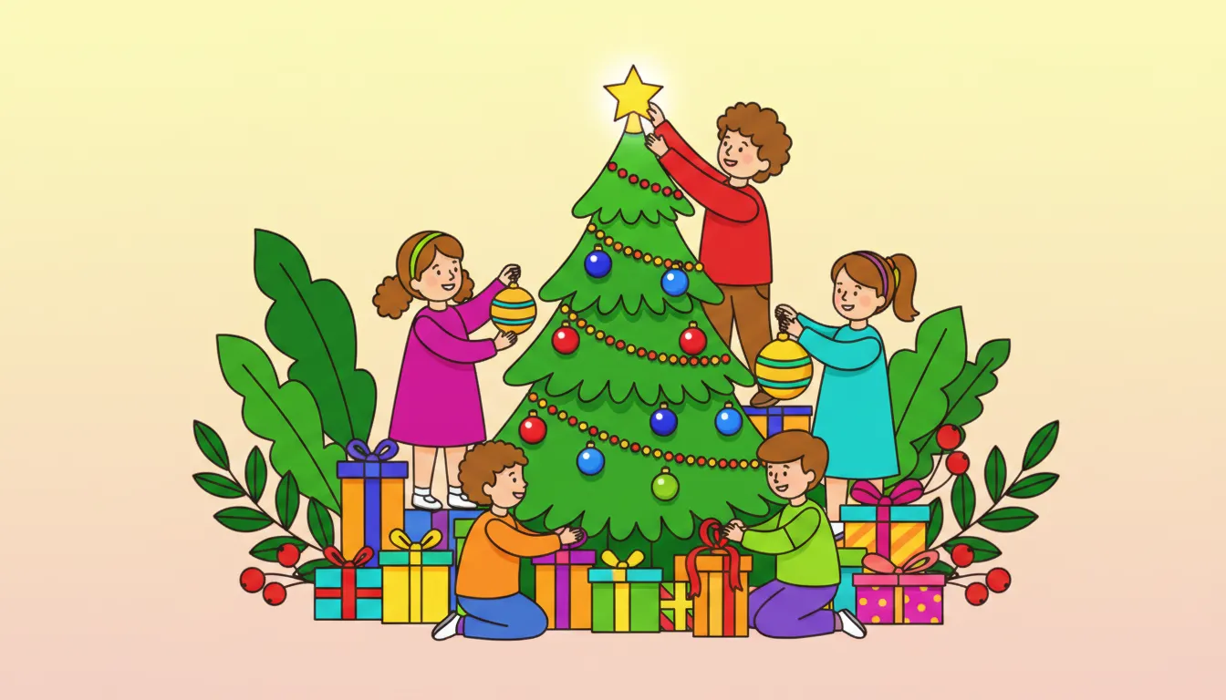 Children decorating Christmas tree with presents coloring page to print